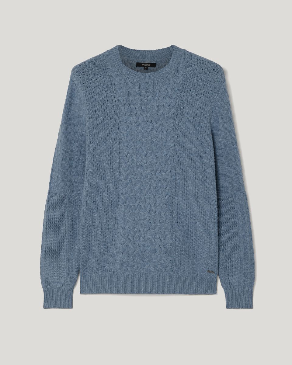 Heavyweight chunky knit with contrast cable knit design, Denim, hi-res